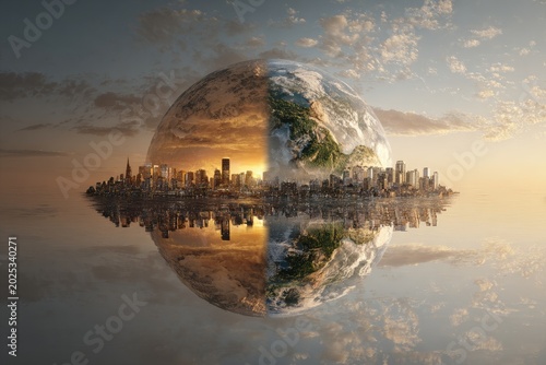 A city reflects Earth's two halves arid, glowing sunset and verdant, sunlit day