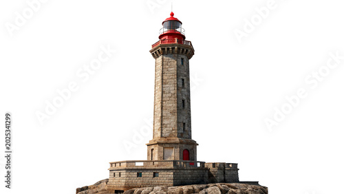 Traditional coastal stone lighthouse building with red top tower architecture landmark on sea rock base on transparent background