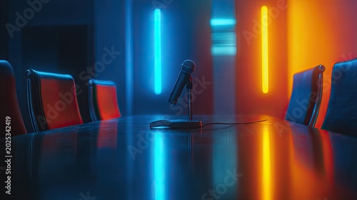 Single microphone on a polished table in a room with blue and orange neon lights