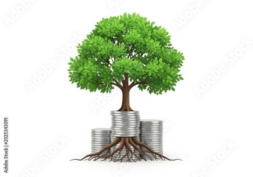 Tree growing from stack of coins symbolizing growth and investment