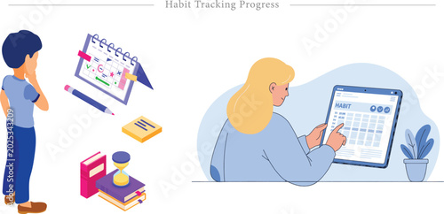 Fotografie Habit Tracking Progress Flat Vector Consistency Routine Self Improvement Illustr