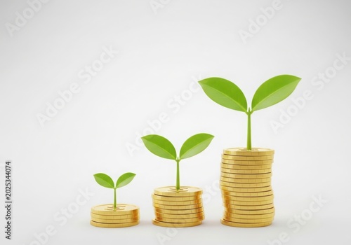Growing plant sprouting from stacks of gold coins