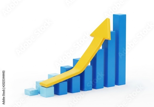 Growing upward arrow over increasing bar chart