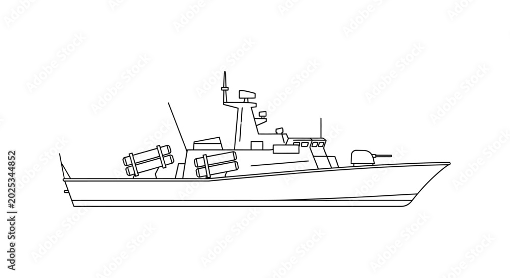 Fototapeta premium Missile Boat Line Drawing - Military Warship Outline