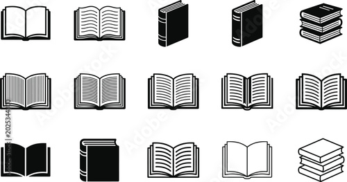 Tableau sur toile Set of book icons and illustrations including open books stacks and hardcover vo