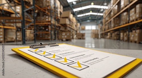 Clipboard checklist on floor of bright warehouse with tall shelves filled with boxes