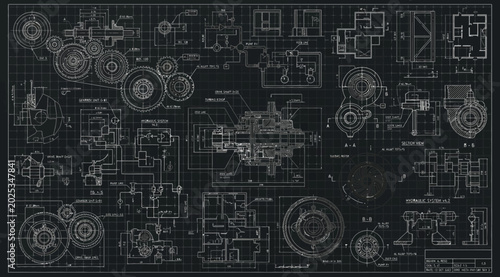 Bild auf Leinwand Technical mechanical engineering blueprint with gears and hydraulic systems