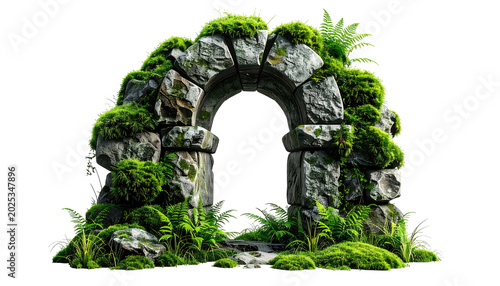 A stone archway, covered in vibrant green moss and foliage, suggests a passage to a hidden, natural place