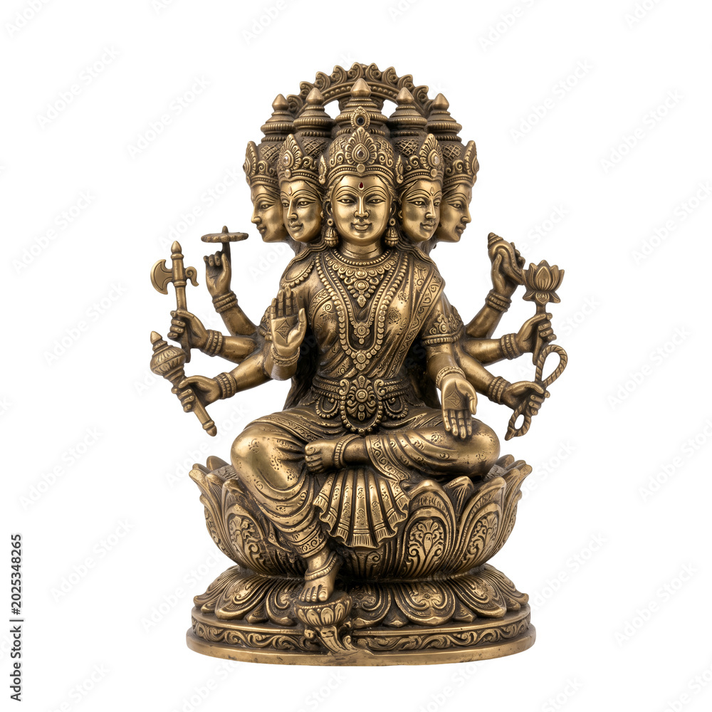 Obraz premium hindu god Gayatri mata statue, Miniature Gayatri mata idol in brass, front-facing, transparent PNG 