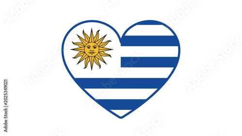 Heart shaped flag of uruguay featuring its blue and white stripes and the yellow sun with a face symbol representing national identity.