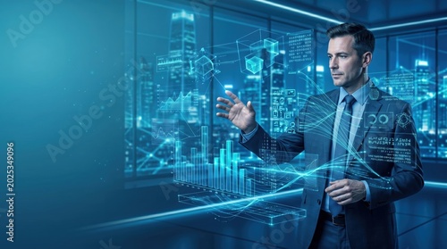 Interactive business analytics presentation modern office digital content urban environment