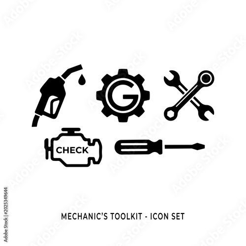 Car mechanic workshop icon set. Auto repair service tools silhouette elements vector template.