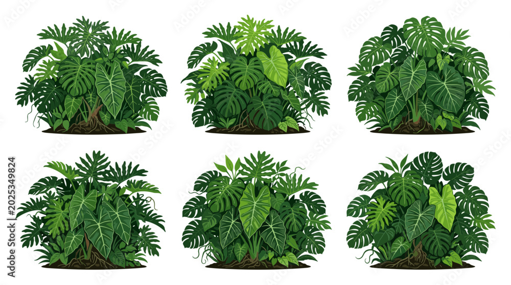 Naklejka premium Collection of six lush green tropical plants and foliage with detailed leaves and roots on a white background