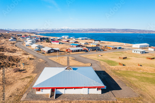 Aerial view of village of Bakkafjordur, north east Iceland in spring
