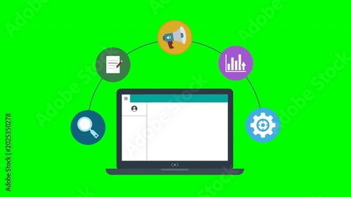Digital Marketing Strategy Icons Animated On Laptop Screen