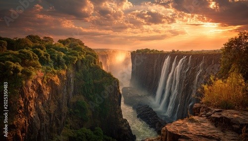 Stunning vista of powerful waterfalls cascading into a gorge, under a breathtaking sunset with vibrant colors and fluffy clouds