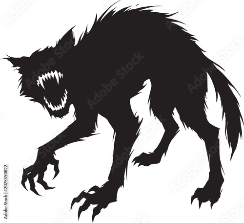 Bild auf Leinwand Aggressive werewolf silhouette with sharp teeth and claws, snarling black monste