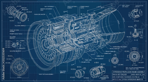 Fotografie Detailed technical blueprint illustration of a modern turbofan jet engine with l