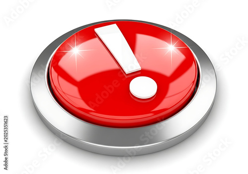 Red push button featuring a white exclamation point symbol on a metal frame emergency exclamation isolated security interface clickable