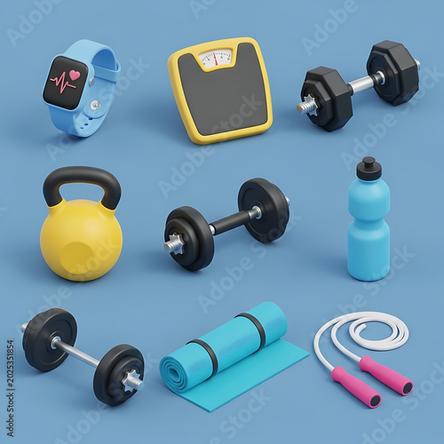 Collection of 3D fitness and home workout equipment icons with exercise dumbbell kettlebell smartwatch training wellness lifestyle equipment activity