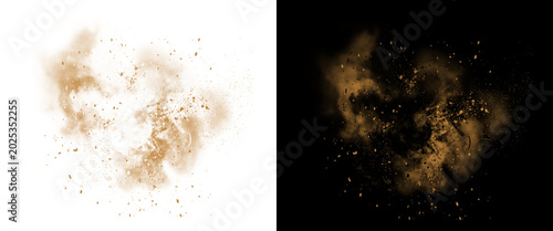 Фотография Brown dust explosion with flying sand particles, realistic soil powder splash on