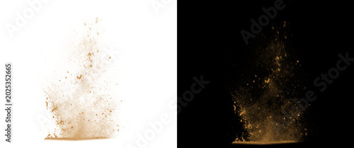 Foto Explosive brown dust cloud on white and black background, realistic soil explosi