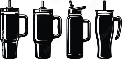 Tableau sur toile Four stylish black and white vector silhouettes of various insulated tumblers and travel mugs with handles and straws, impeccable for refreshing beverages