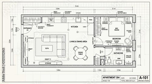 Vászonkép Detailed floor plan of apartment 304 showing smart home features and furniture l