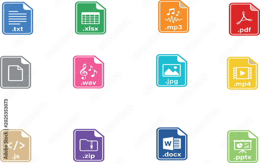 Fototapeta premium Colorful File Format Icon Set with TXT XLSX MP3 PDF WAV JPG MP4 JS ZIP DOCX and PPTX Extensions for Technology and Web Design Projects