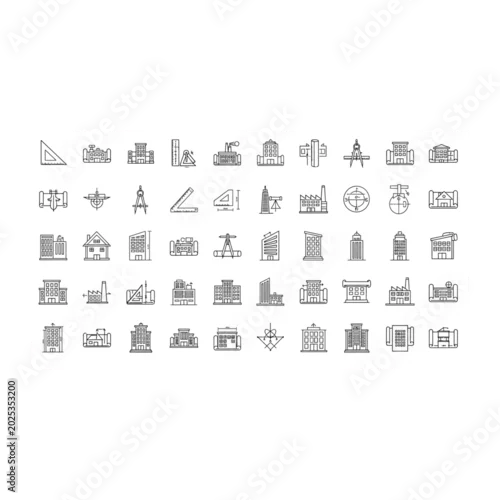 Fototapeta na wymiar Set of technical drawing and construction project plan icons with technical