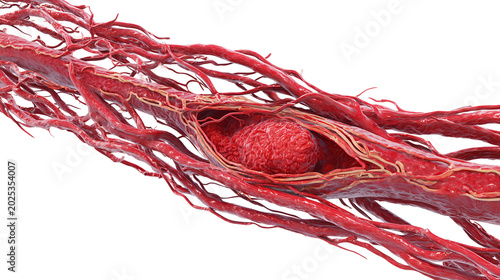 Isolated blood vessel anatomical illustration with clot blockage and branching vessels on transparent background, medical concept, healthcare anatomy and biology education design