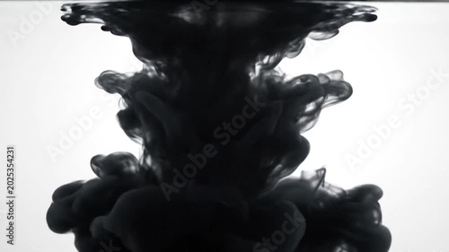 Black Ink Dropping and Swirling in Clear Water on White Background