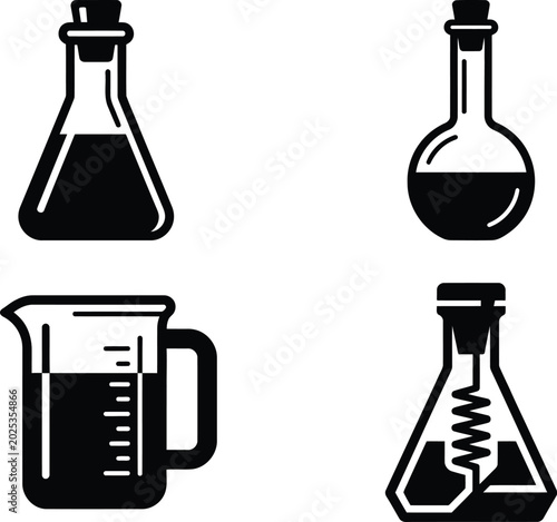 Foto Array of four distinct black and white minimalist scientific laboratory glassware icons, flawless for chemistry and educational projects