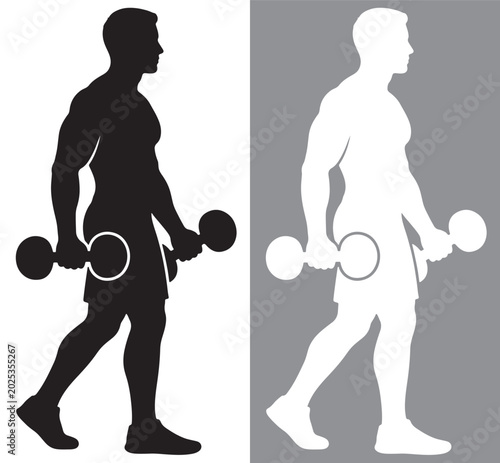 Dumbbell Farmer's Carry Exercise Silhouette Illustration – High-Quality Scalable EPS Vector Graphic for Strength Training, Bodybuilding, and Gym Fitness Motivation