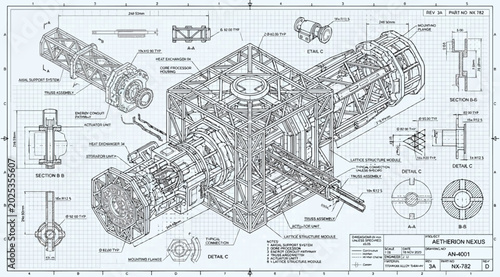 Billede på lærred Technical blueprint of a complex futuristic aetherion nexus machine component