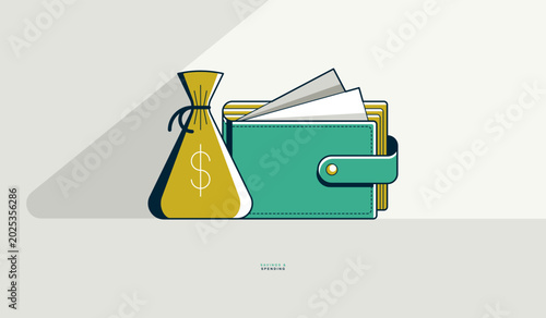 Fényképezés Savings and spending concept poster, wallet with money vector icon style illustration, save VS spend funds question, economize metaphor