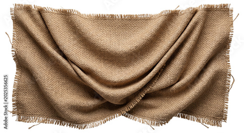 Fotografía Fringed brown burlap fabric banner template isolated on transparent background
