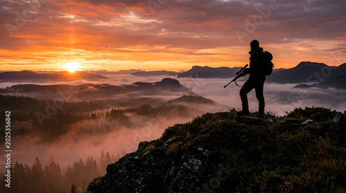 Fotografija Hunter silhouette standing on mountain at sunrise with rifle
