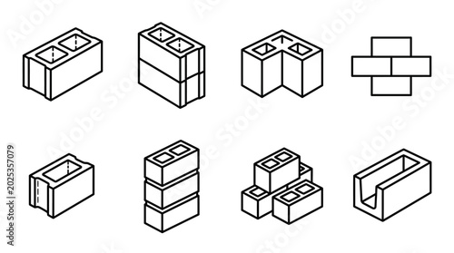 Isometric collection of concrete block and brick line icons on isolated white background.