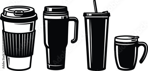 Vector group of stylish reusable coffee cups and tumblers for hot and cold beverages in a neat white setting creation.