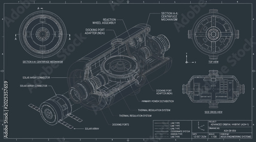 Obraz na płótnie Technical engineering blueprint of an advanced orbital space habitat