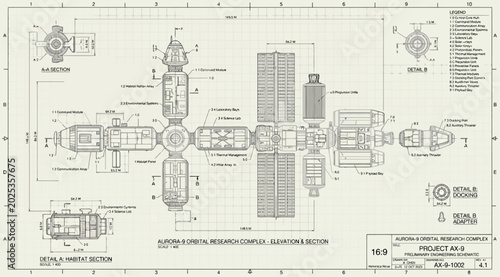 Photos Technical blueprint of the aurora9 orbital research complex space station