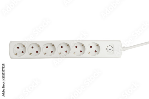 Electric power strip with six sockets on transparent background. Extension cord for connecting multiple devices to electricity. Electrical equipment for home office connectivity and safety.