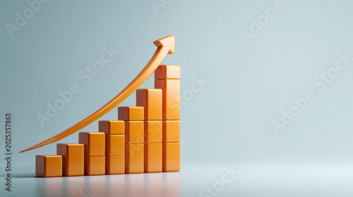 Upward Trend Graph: A 3D render of an orange bar chart with an arrow showing a consistent upward trend, symbolizing growth and positive progress in business or finance.