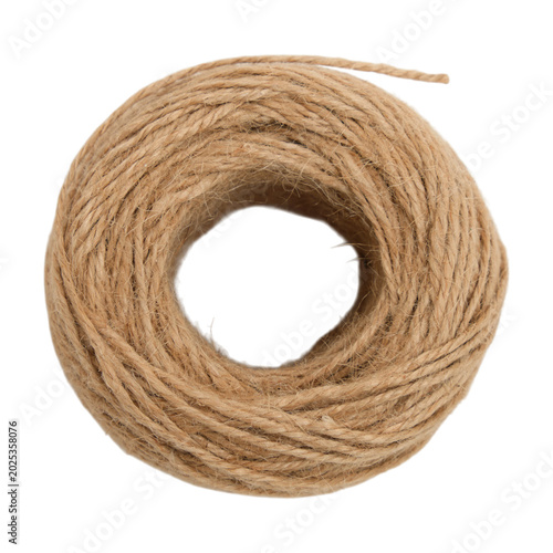 Brown jute twine roll on transparent background. Natural rustic cord for craft and packaging. Hemp rope coil for gift wrapping and DIY decoration. Eco friendly material for hobby project.