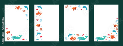 Cute sea animals frame templates set with whale, dolphin, octopus and sea turtle, marine life vertical borders flat vector illustration for kids stationery, invitation or nursery design