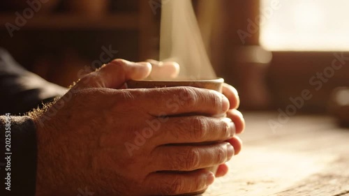 Close Up Shot of a Person's Hands Holding a Steaming Hot Beverage in a Warm Cozy Indoor Setting with Sunlight