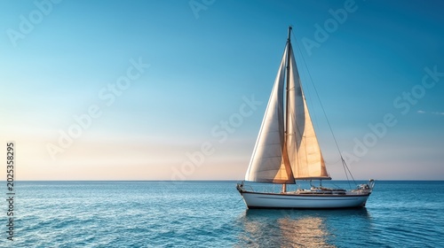 Sailboat gliding on calm sea at sunset horizon