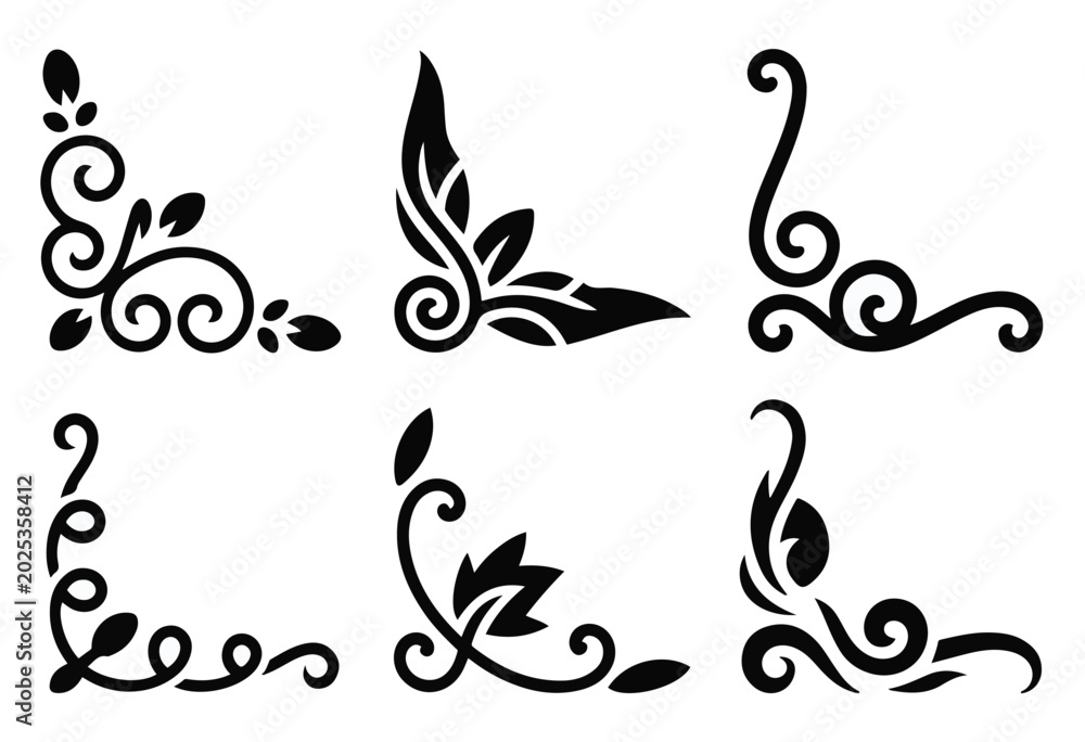 Fototapeta premium Black Floral Swirl Corner Frames