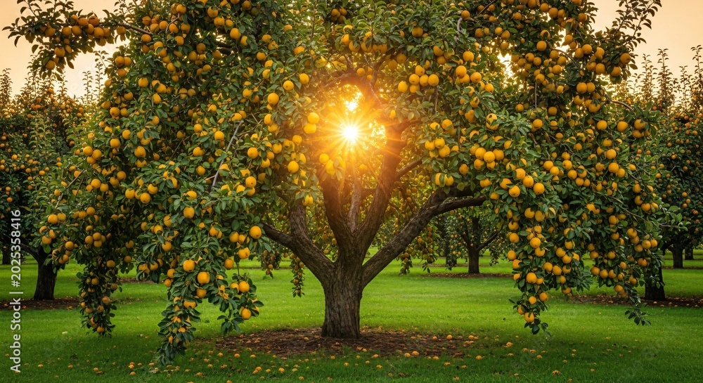 Obraz premium Plum orchard with ripe yellow fruit and sun shining through.